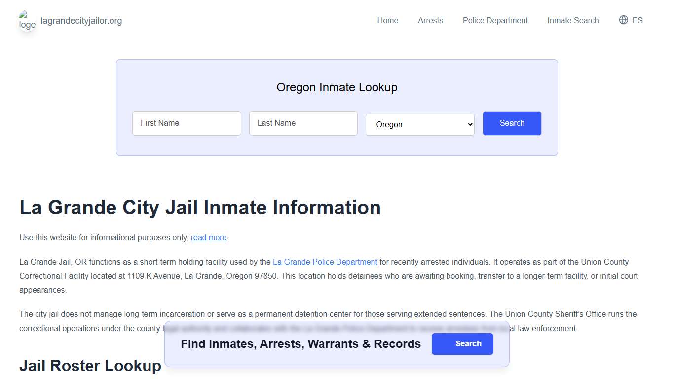 La Grande Jail, OR Inmate Roster, Municipal Jail Info